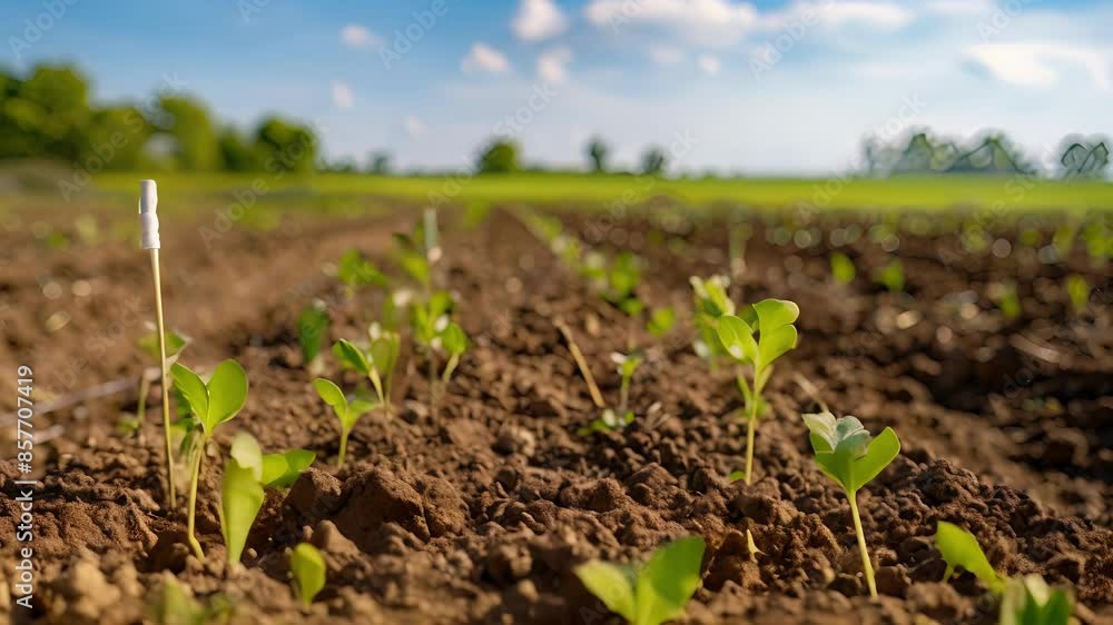 Poster a field with moisture probes buried in the soil providing data on soil moisture levels for smart irr