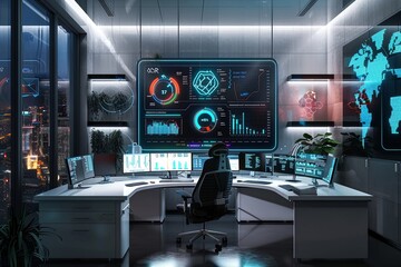 A modern marketers office with several computer screens displaying AI algorithms analyzing user behavior and optimizing advertising campaigns. Generative AI