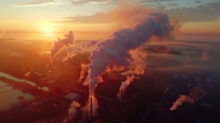 Obraz premium Drone photo of dense smoke rising from factory stacks at dawn, highlighting environmental impact