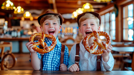 Two children have fun and goof around with large Bavarian pretzels during Oktoberfest celebrations in Germany. Hyper-realistic photo, high quality.