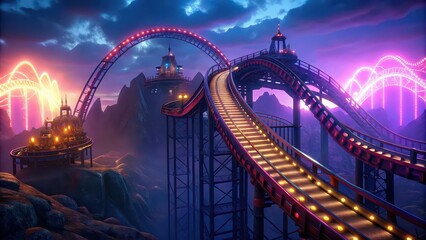 Fototapeta premium Roller coaster illuminated by neon lights at twilight , amusement park, thrill, adventure, excitement, ride, neon lights, roller coaster, amusement, park, twilight, evening, fun, outdoor