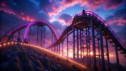 Obraz premium Roller coaster illuminated by neon lights at twilight , amusement park, thrill, adventure, excitement, ride, neon lights, roller coaster, amusement, park, twilight, evening, fun, outdoor
