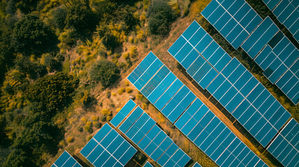 Aerial view of solar power station. Photovoltaic panels field for production of renewable energy. Reflection of sunlight in the panels,A photo showcasing a solar panel covered in lush green field
