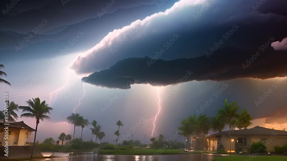 Poster lightning strikes palm trees during storm generative ai