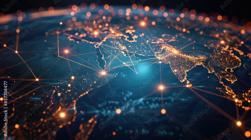 Poster abstract global network with glowing lines connecting different regions on a dark background.