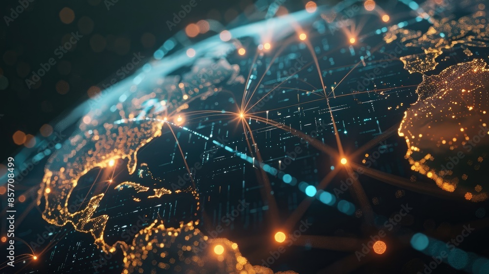 Poster abstract global network with glowing lines connecting different regions on a dark background.