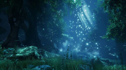 Magical Forest at Night with Glowing Lights.