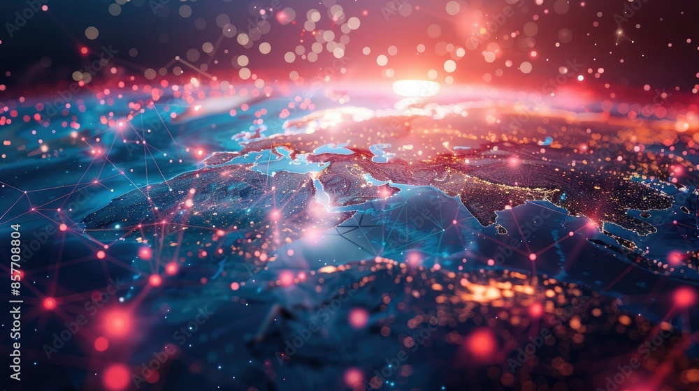 Poster abstract representation of global networking with a glowing world map and connecting nodes.