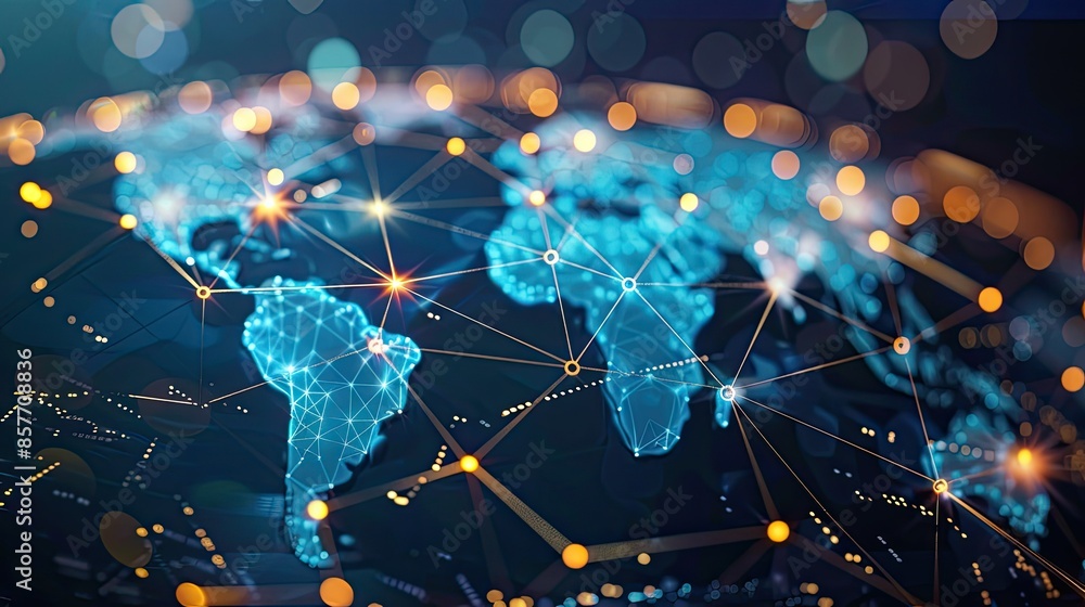 Poster abstract representation of global networking with a glowing world map and connecting nodes.