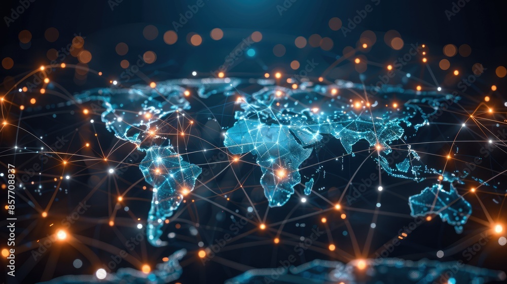 Poster abstract representation of global networking with a glowing world map and connecting nodes.