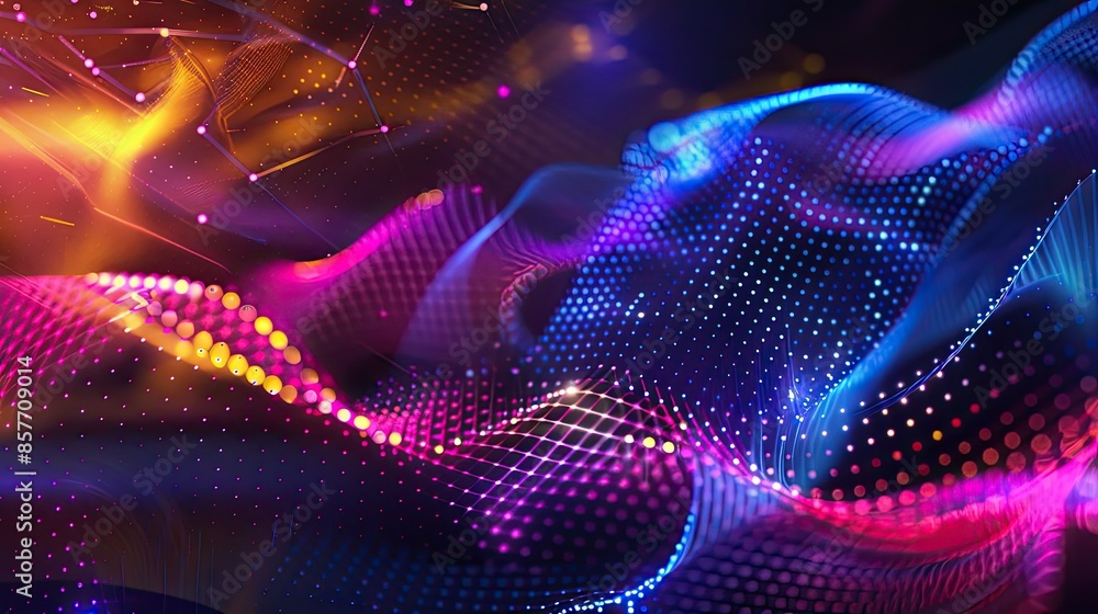 Poster abstract technology colors with hexagon wave and motion dots and lines, showcasing a futuristic desi
