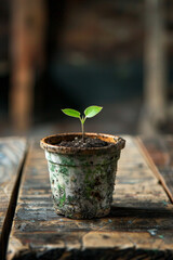 A single seed sprouting in a pot made from recycled materials 