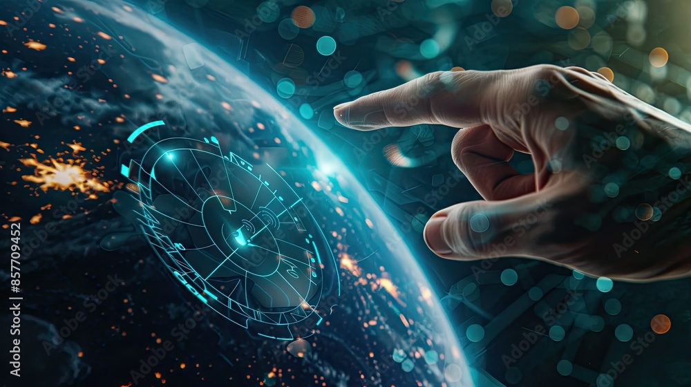 Aufkleber close-up of a hand pointing to earth with a net zero icon, showcasing commitment to reducing carbon 
