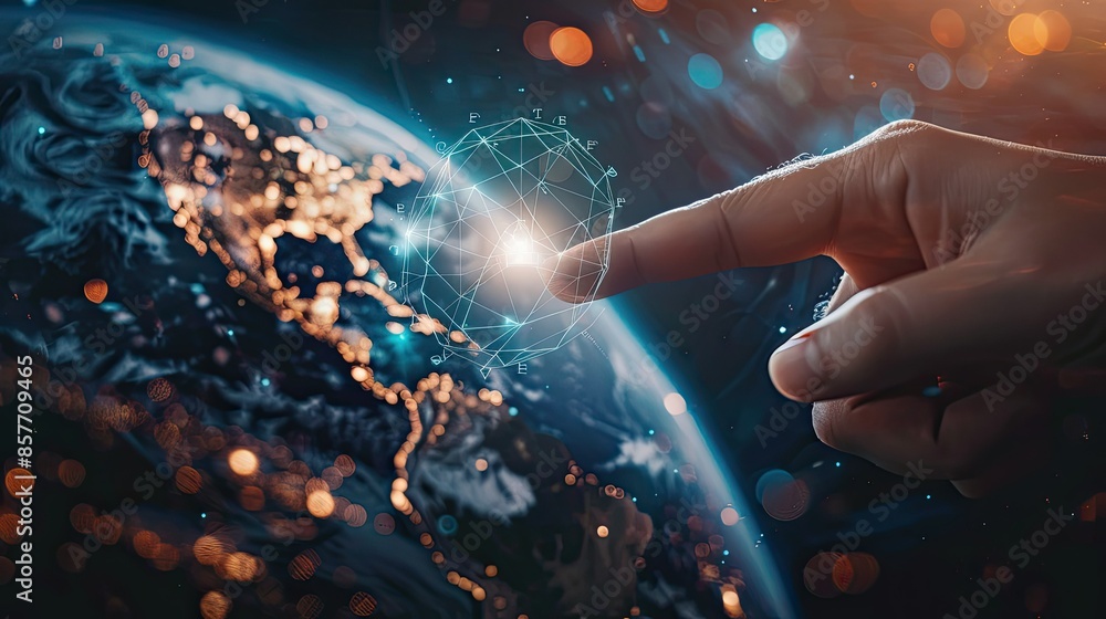 Poster close-up of a hand pointing to earth with a net zero icon, showcasing commitment to reducing carbon 