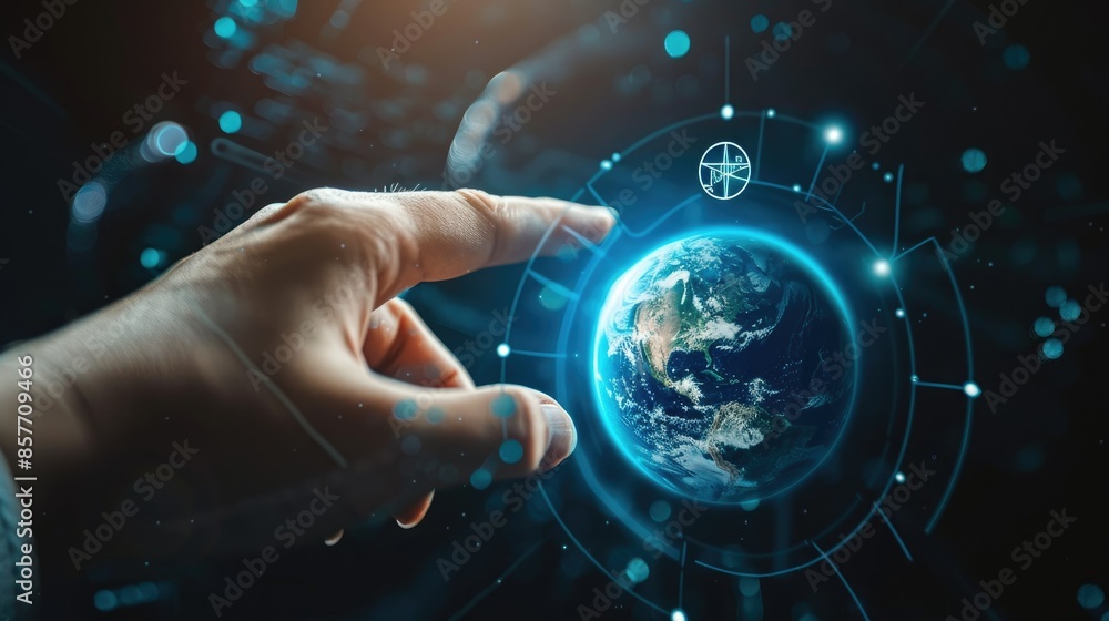 Poster close-up of a hand pointing to earth with a net zero icon, showcasing commitment to reducing carbon 