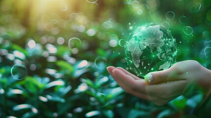 Close-up of a human hand directing attention to Earth with a Net Zero symbol, representing eco-friendly initiatives.
