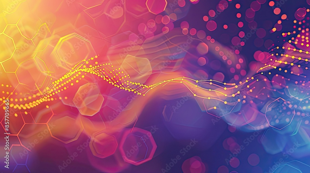 Poster colorful hexagon wave with dynamic dots and lines, representing cutting-edge technology and innovati