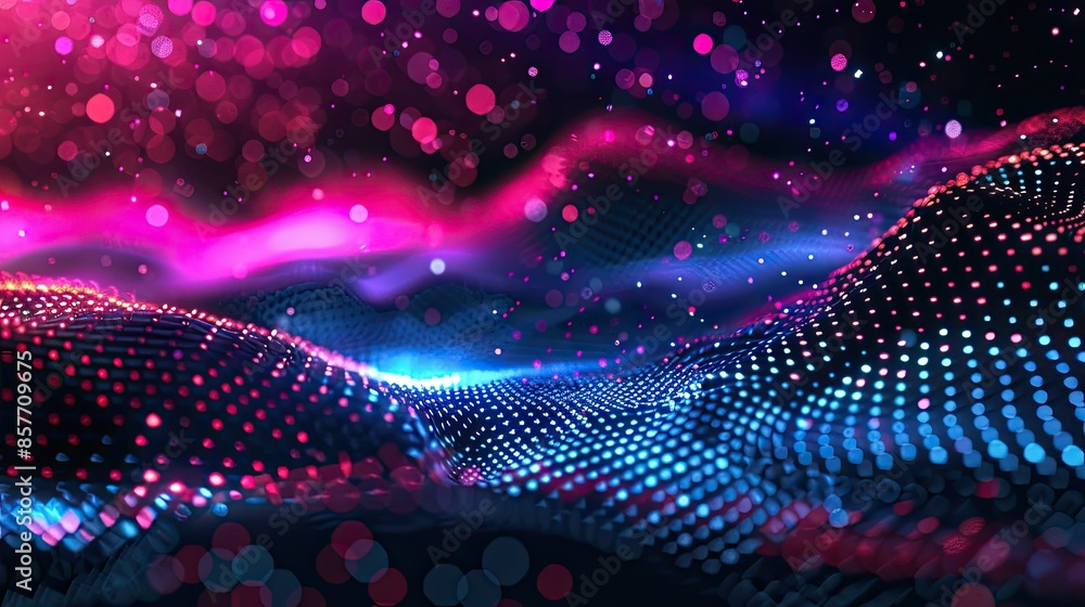 Poster colorful hexagon wave with moving dots and lines, representing advanced technology and digital innov