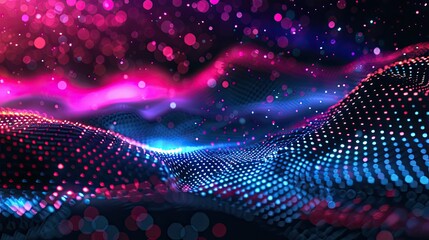 Colorful hexagon wave with moving dots and lines, representing advanced technology and digital innovation.