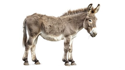 Donkey with a calm expression, standing still and isolated on a white background, great for animal illustrations.