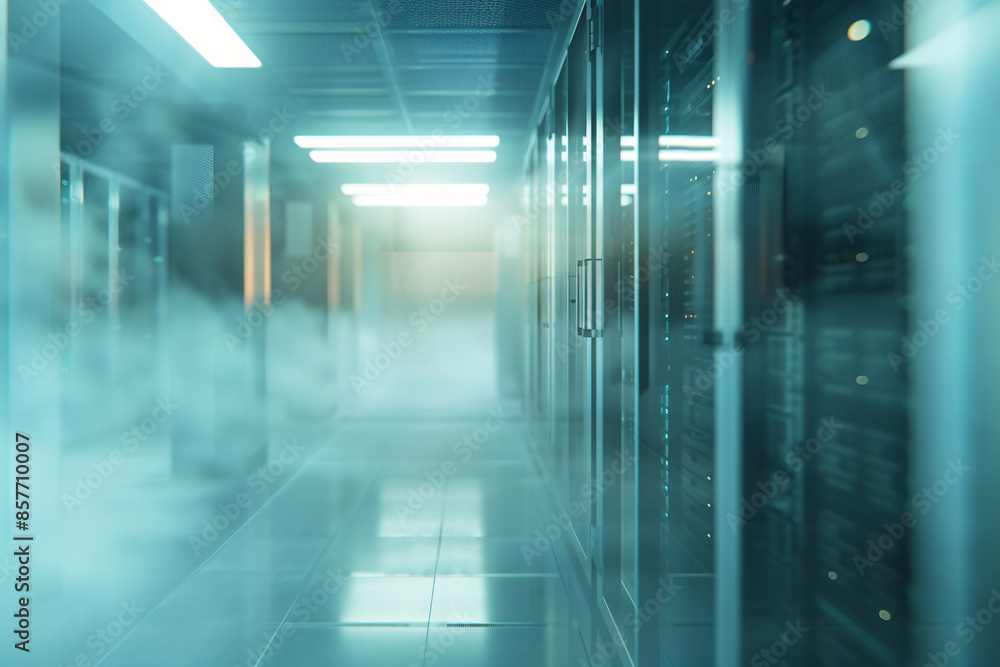 Aufkleber foggy server room with a blurred data center in the background. a long corridor leads to rows of sto