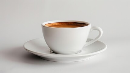 White coffee cup with saucer on a white background, simple and elegant tableware, morning coffee, minimalism