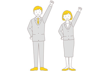 拳を突き上げて気合を入れるスーツ姿の男女のベクターイラスト