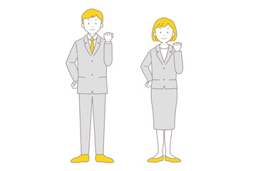 ガッツポーズしているスーツ姿の男女のベクターイラスト