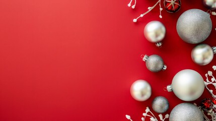 Silver Christmas Ornaments on Red Background