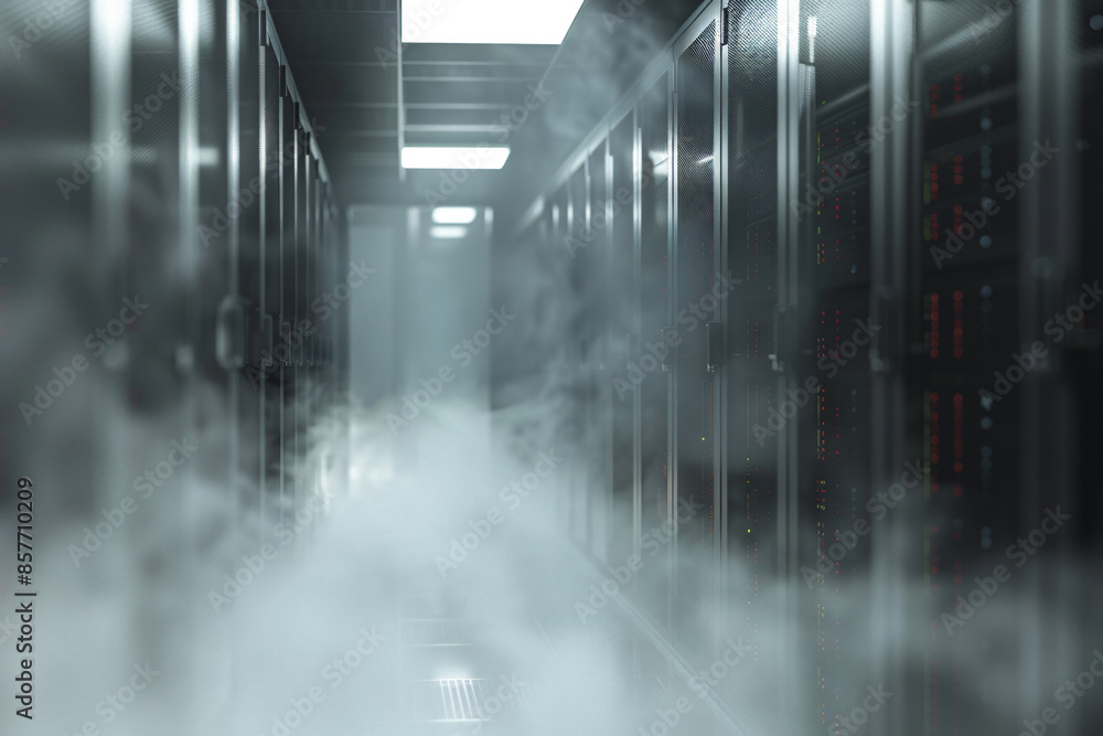 Aufkleber foggy server room with a blurred data center in the background. a long corridor leads to rows of sto