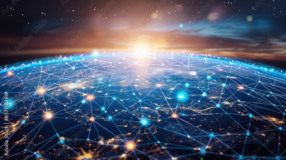 Poster high-tech global network with interconnected points and a stylized digital earth, illustrating moder