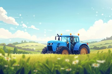 Fototapeta premium Illustration of a blue tractor working in a field. Agricultural business development concept 