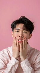 A young man with black hair wears a pink button-down shirt