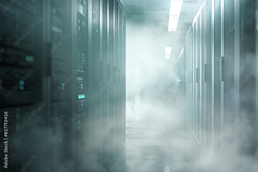 Aufkleber foggy server room with a blurred data center in the background. a long corridor leads to rows of sto