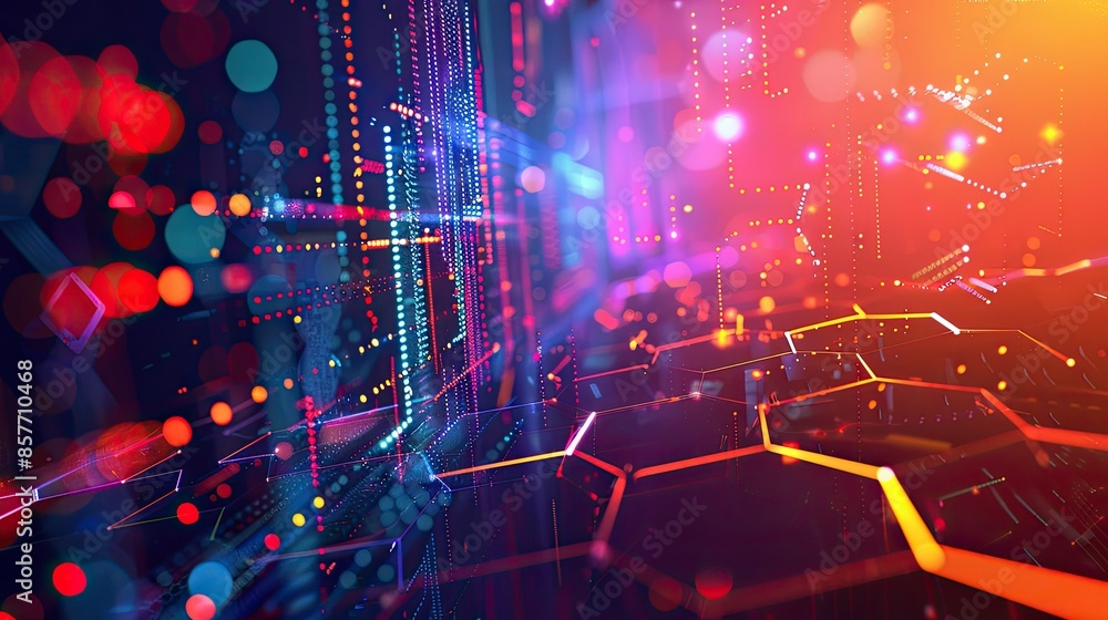 Poster modern tech scene with colorful hexagon patterns, dynamic motion dots, and lines, symbolizing digita