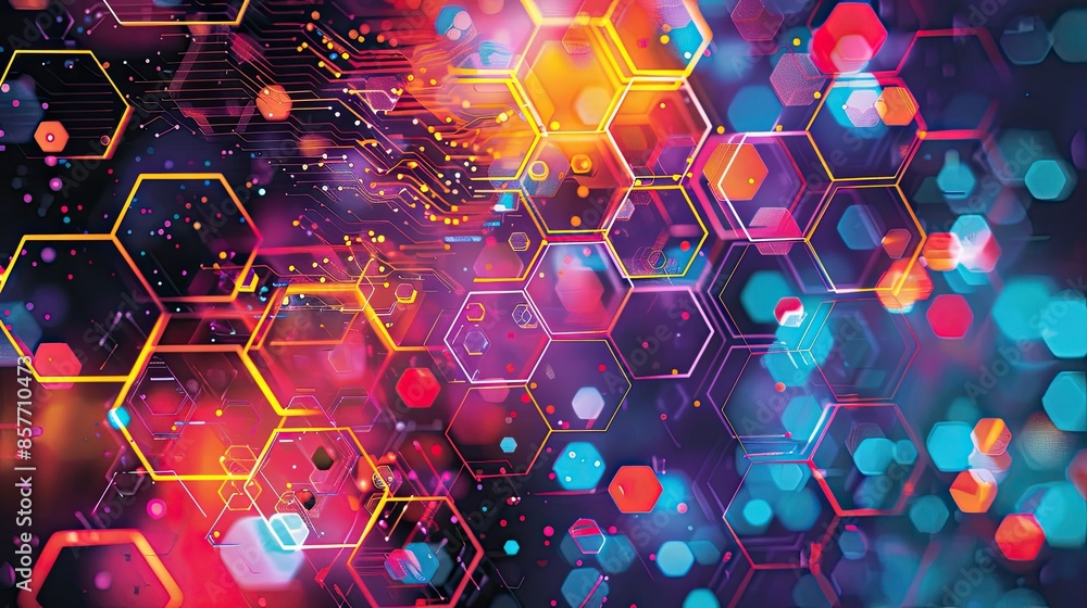 Poster modern tech scene with colorful hexagon patterns, dynamic motion dots, and lines, symbolizing digita