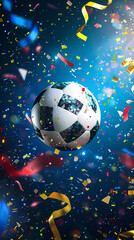 Naklejka premium Soccer ball on football field with confetti and ribbons