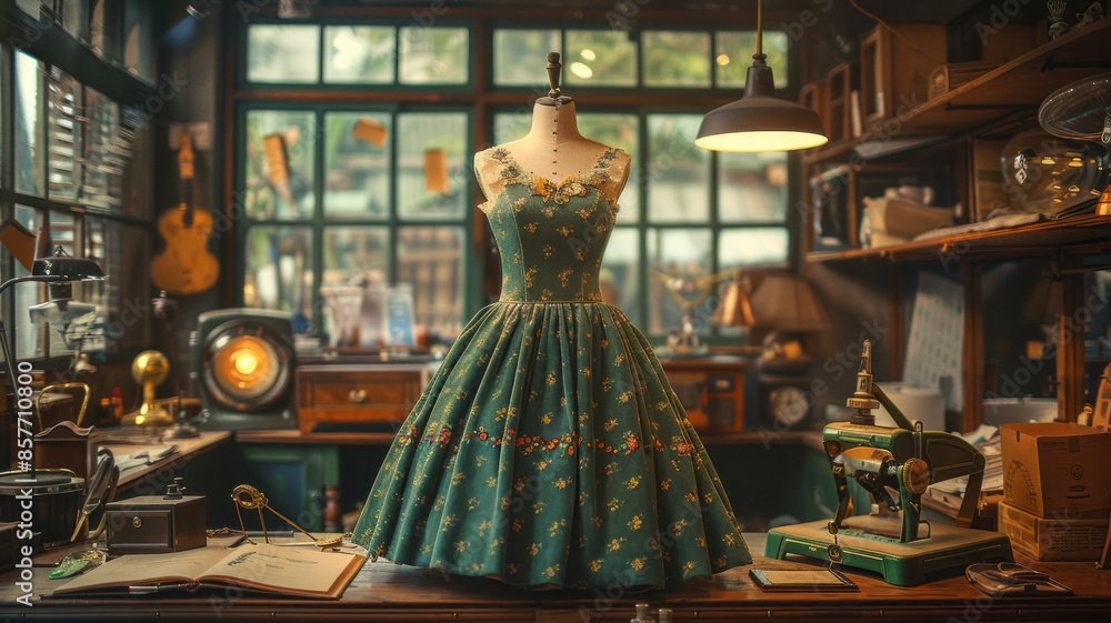 Wall mural a beautiful green velvet dress on an old fashioned dressmaker's dummy, in a brightly lit office, 195