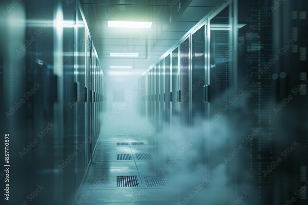 Poster foggy server room with a blurred data center in the background. a long corridor leads to rows of sto