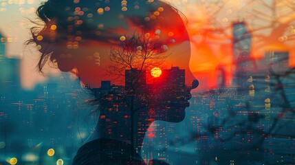 A double exposure image blends a person's silhouette gazing at a vibrant cityscape, where the sun sets behind skyscrapers, casting a warm glow. The juxtaposition captures the harmony between urban