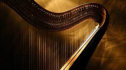 Golden Harp with Strings and Warm Lighting