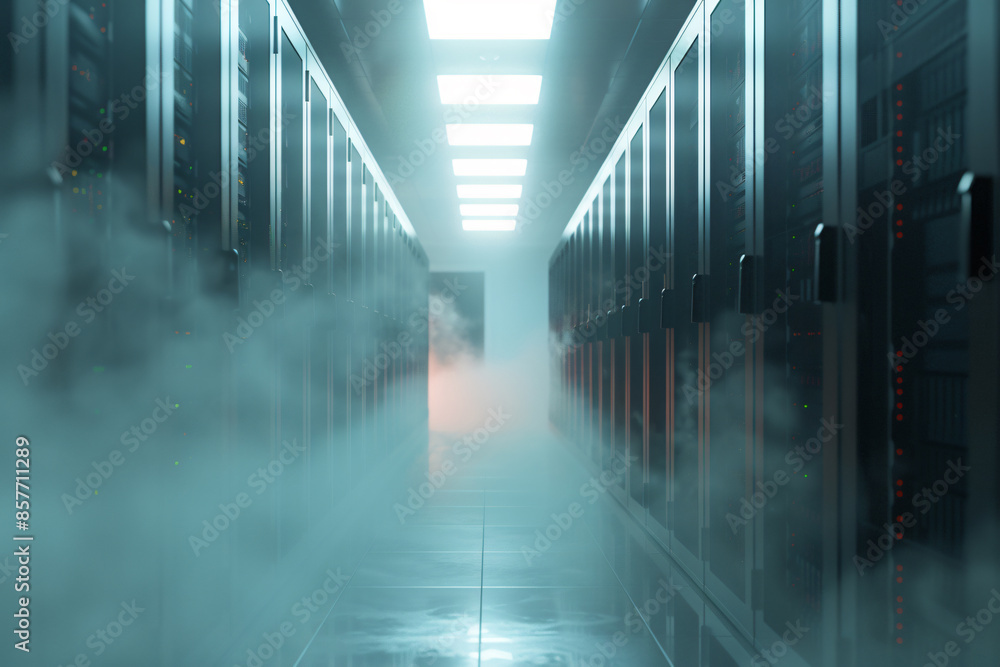 Aufkleber foggy server room with a blurred data center in the background. a long corridor leads to rows of sto