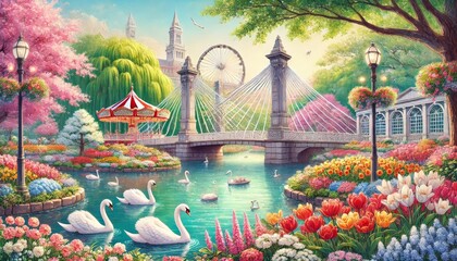 Boston public garden in spring, featuring vibrant flowers, swan boats gliding and iconic suspension bridge