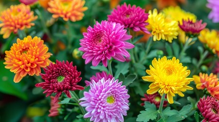 Vibrant Chrysanthemum Flowers in Full Bloom, Autumn Garden Beauty with Bright Vivid Colors