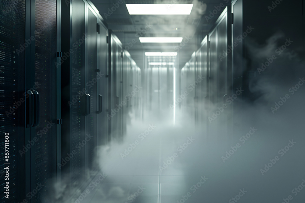 Aufkleber foggy server room with a blurred data center in the background. a long corridor leads to rows of sto