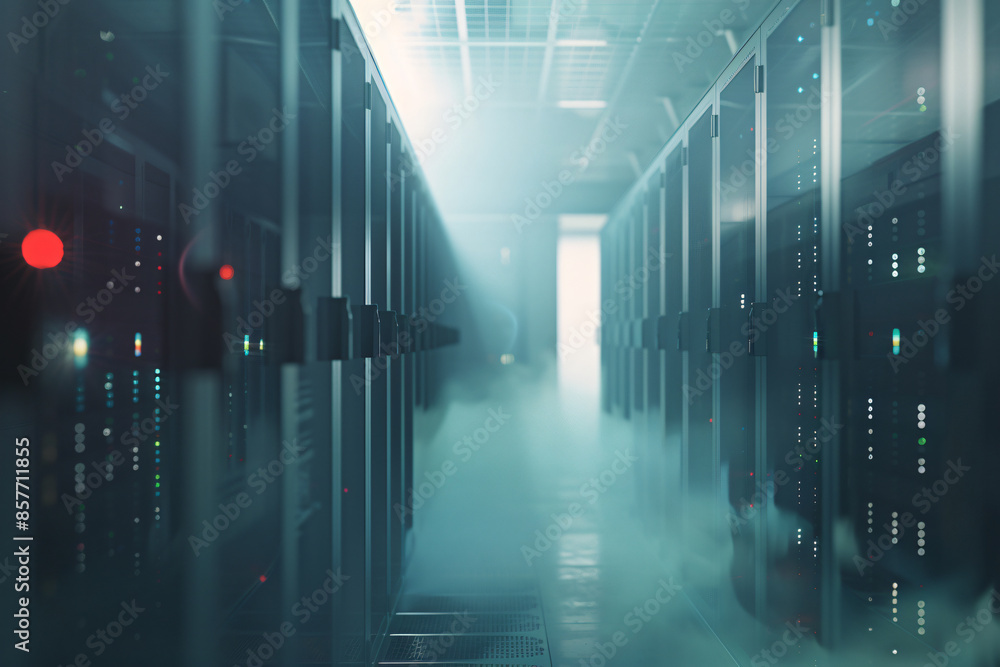 Poster foggy server room with a blurred data center in the background. a long corridor leads to rows of sto