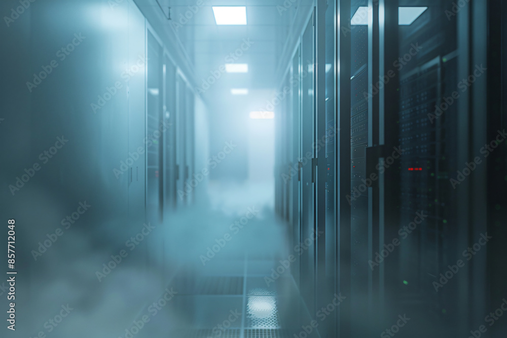 Poster foggy server room with a blurred data center in the background. a long corridor leads to rows of sto
