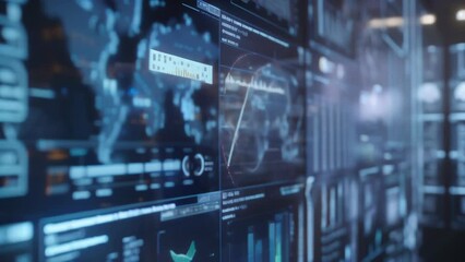 High-tech control room with multiple digital displays showing world maps, data charts, and futuristic interfaces. The blue and neon lighting creates a cutting-edge and advanced atmosphere.	 - Powered by Adobe
