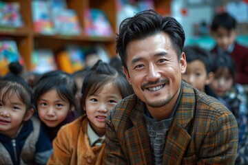 Happy Asian male educator or teacher with group of kids