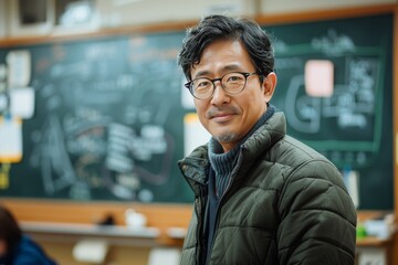 Fototapeta premium Portrait of an Asian male teacher at the blackboard in the classroom